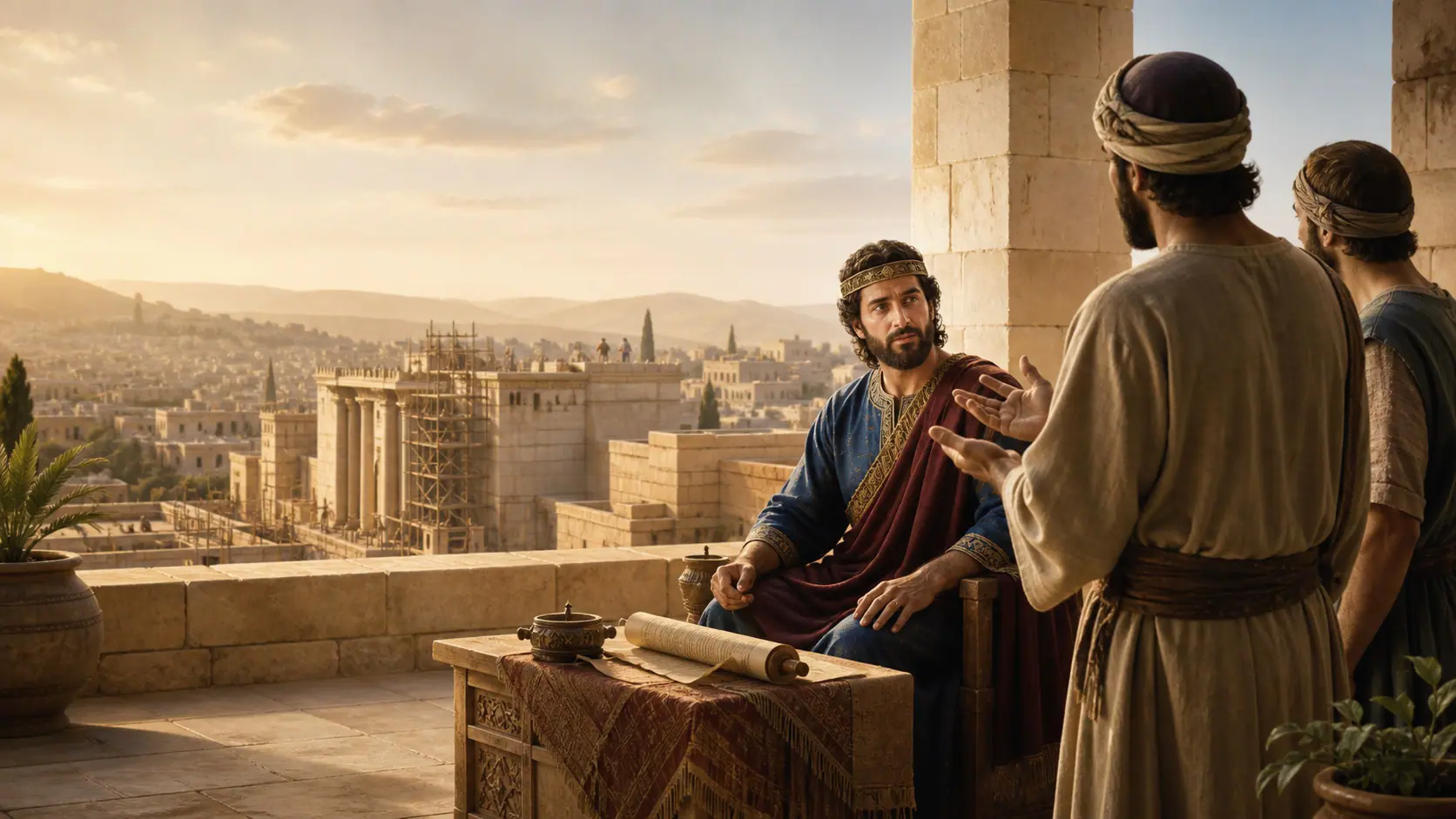 Cena ilustrativa do rei Salomão ouvindo pessoas que lhe apresentam pedidos na antiga Jerusalém