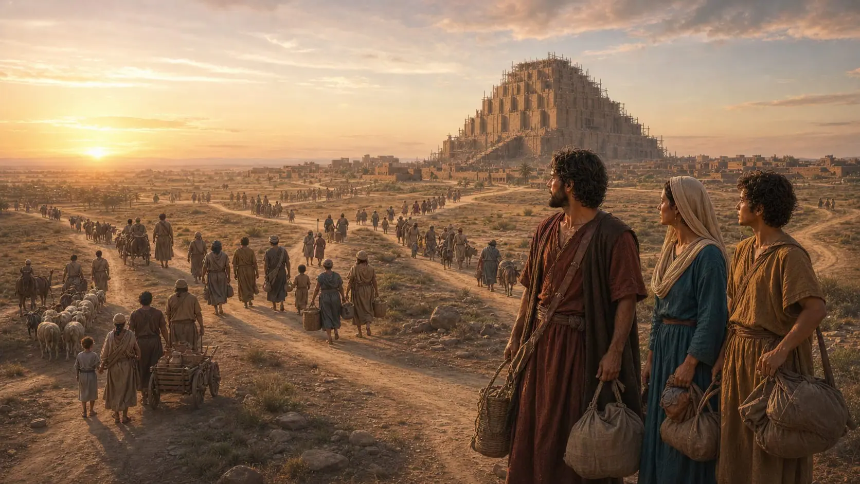 Families leaving the unfinished city of Babel along roads across the Shinar plain