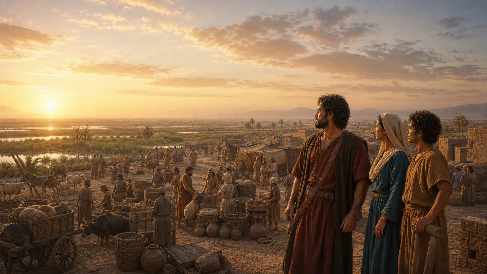 Families arriving and settling on the broad plain in the land of Shinar