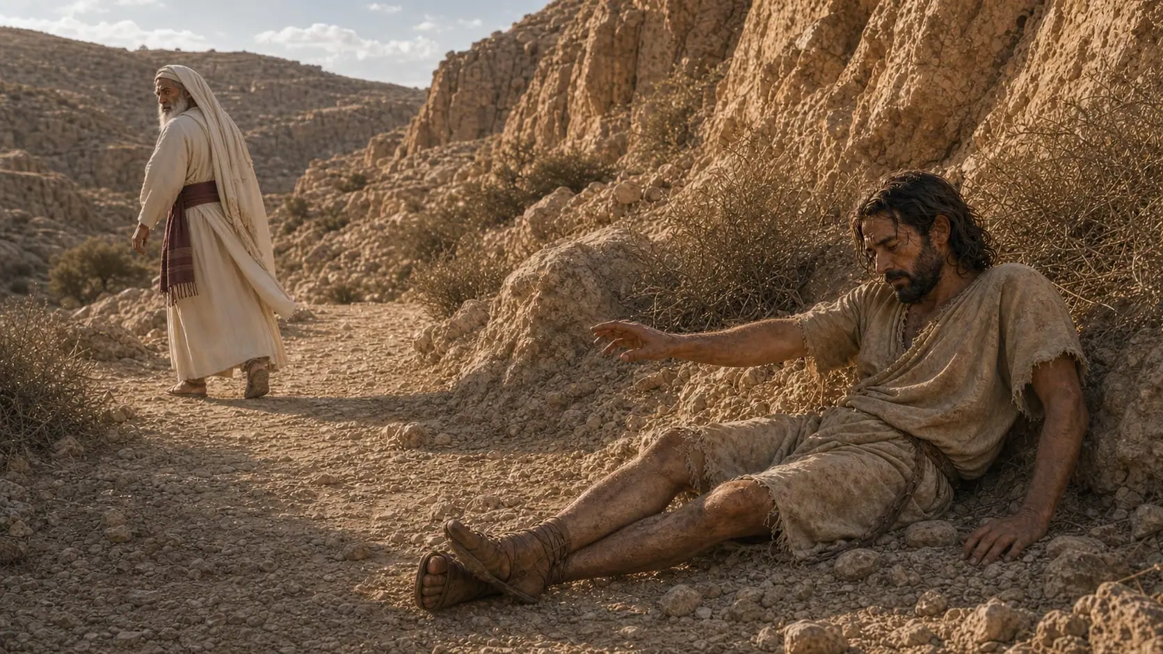 A priest sees the wounded traveler but walks past him on the opposite side of the Jericho road