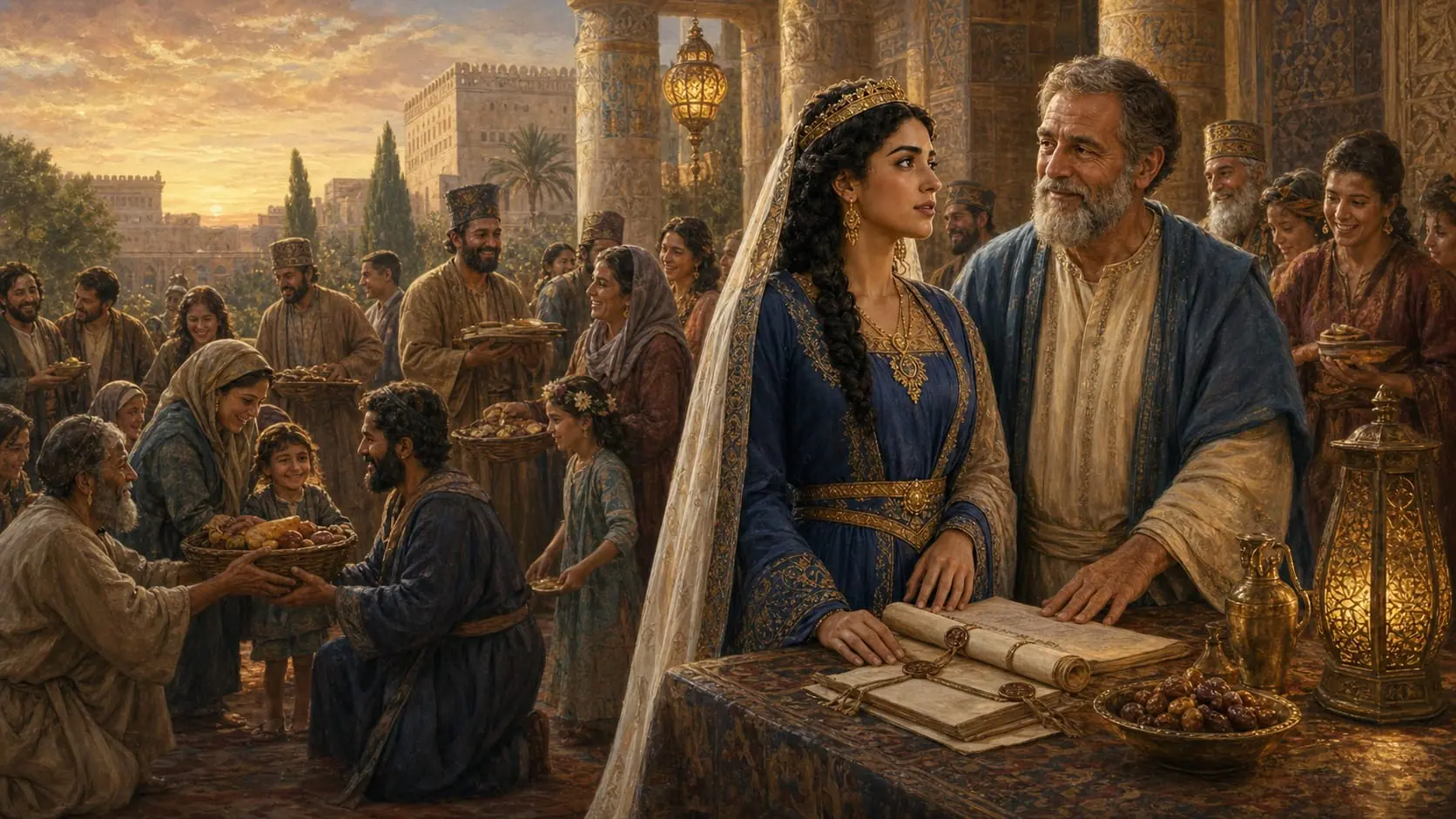 Esther and Mordecai confirm the Purim letters as families share food and give to people in need