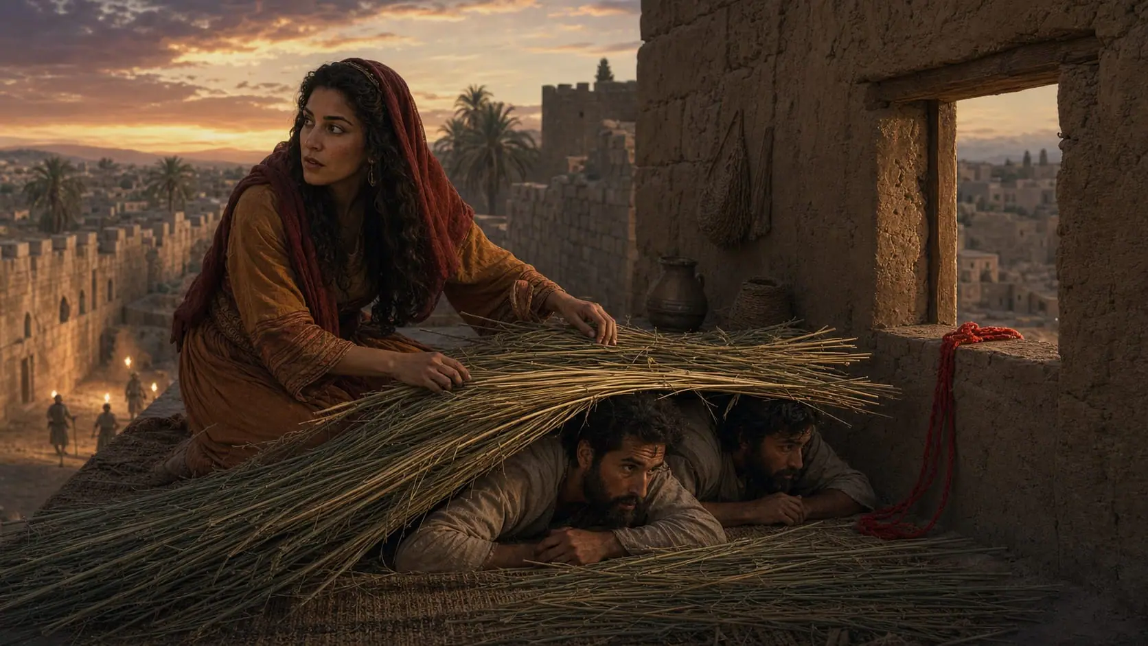 Rahab hides two Israelite spies beneath flax on her roof while a scarlet cord hangs at her window