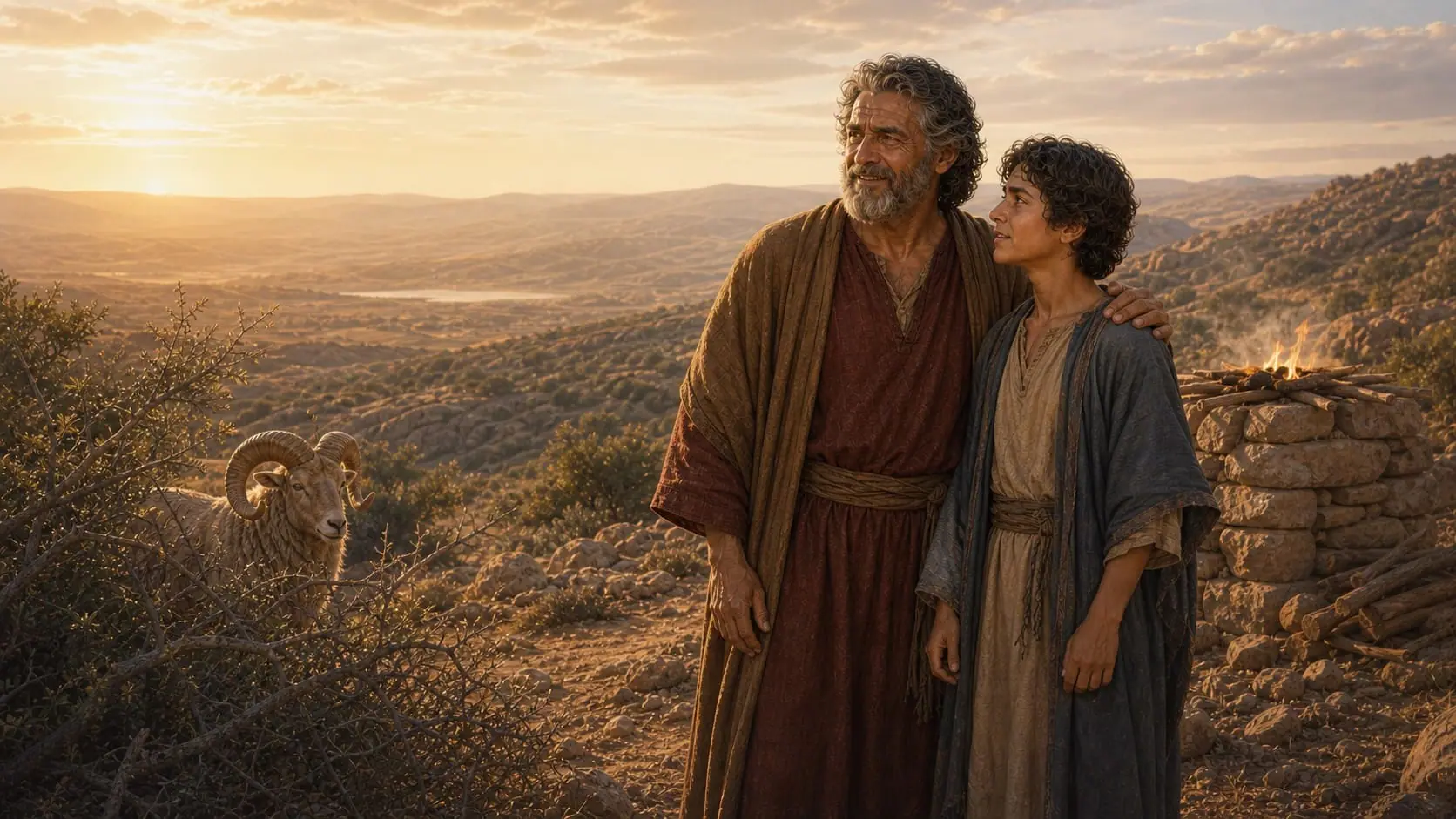 Abraham and Isaac standing safely together beside the ram caught in the thicket on Mount Moriah