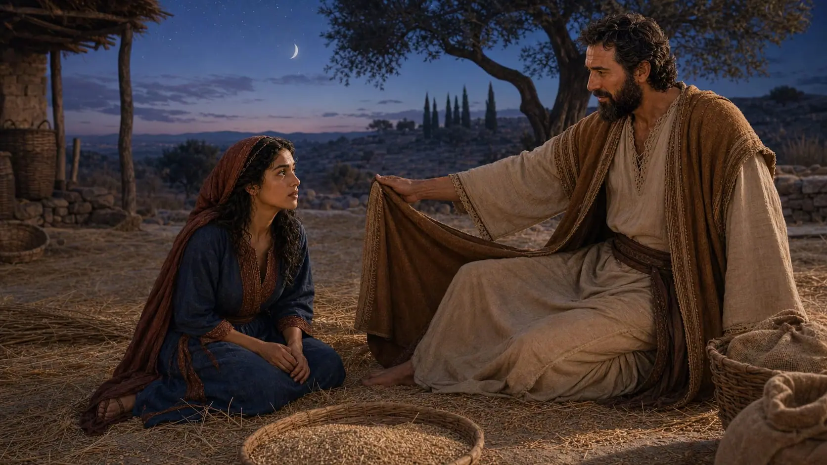 Ruth sits respectfully at Boaz’s feet as he extends the corner of his garment at the threshing floor