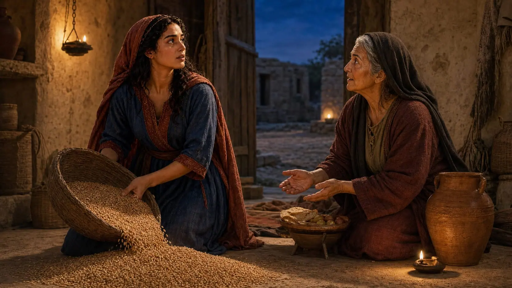 Ruth pours out the barley she gleaned as Naomi receives her at their Bethlehem home
