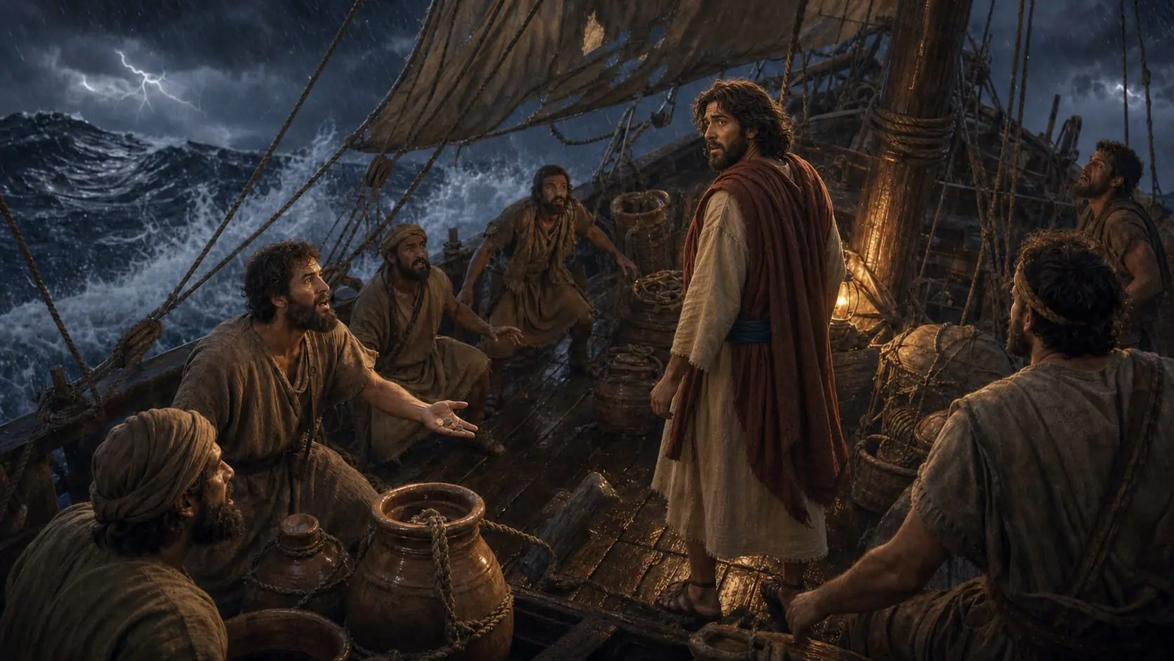Jonah admits he is fleeing from God while frightened sailors question him during a violent storm