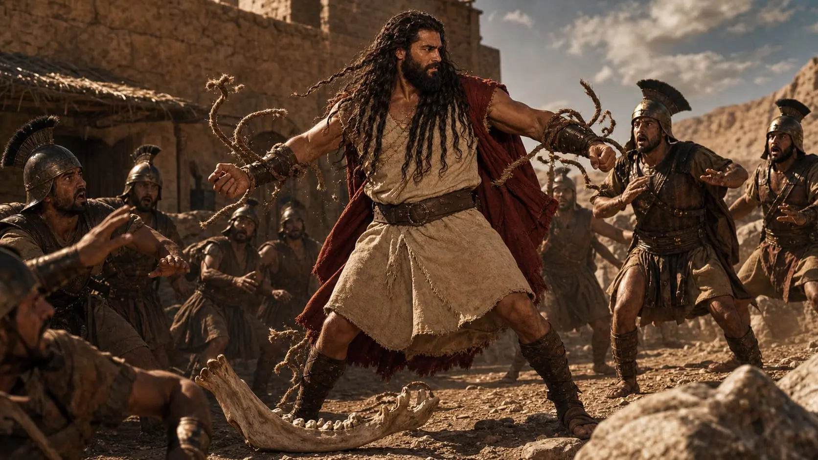 Samson breaks the ropes around his arms as Philistine soldiers recoil at Lehi