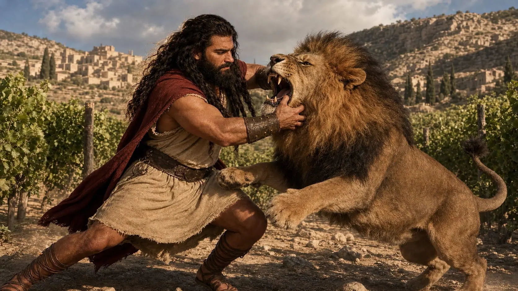 Samson restrains a roaring lion with his bare hands in the vineyards near Timnah