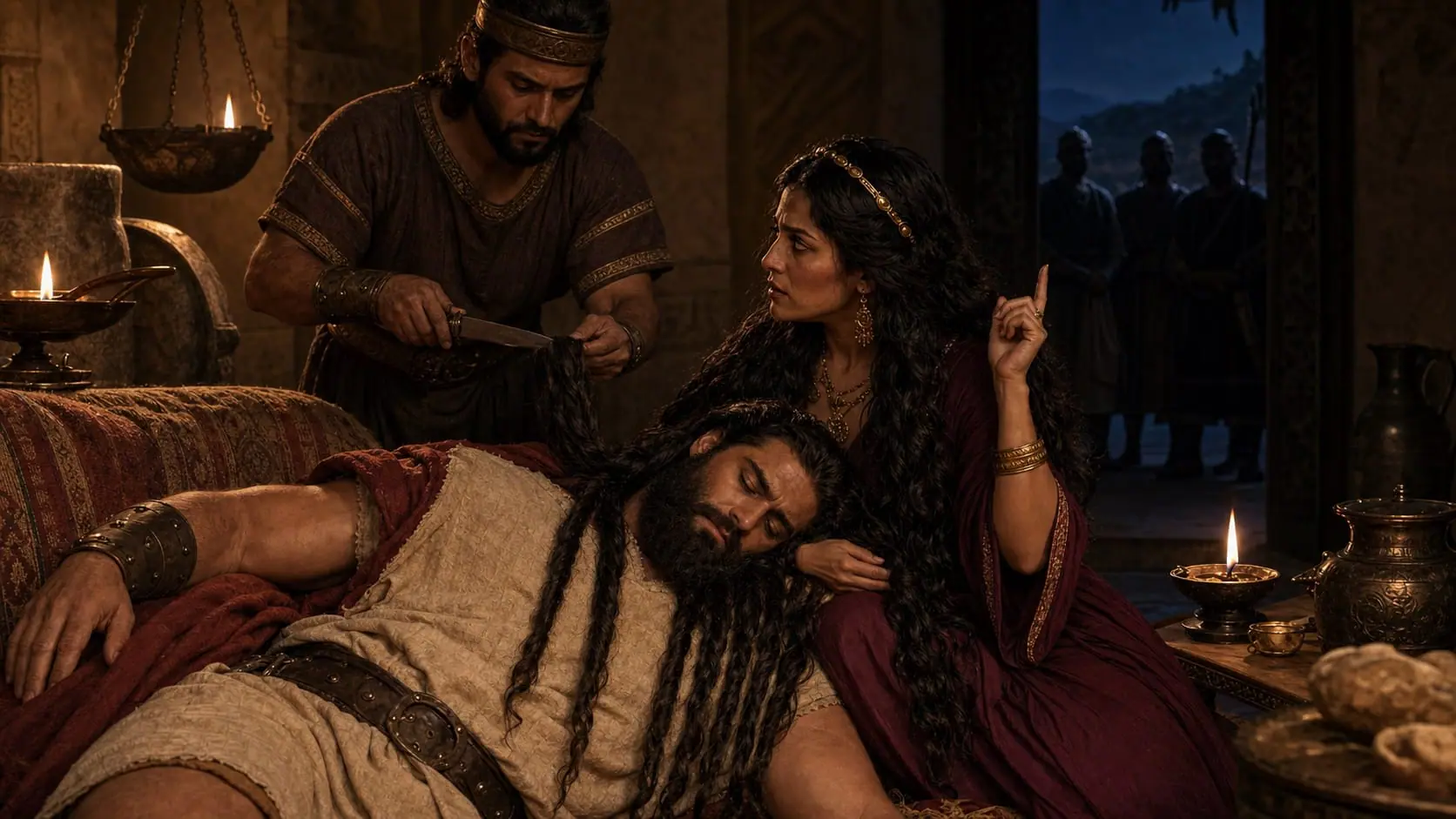 An unnamed man cuts Samson’s seven locks while Samson sleeps on Delilah’s knees