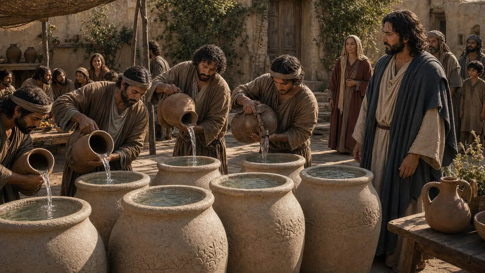 Servants pour clear water into six large stone purification jars while Jesus watches at the wedding in Cana