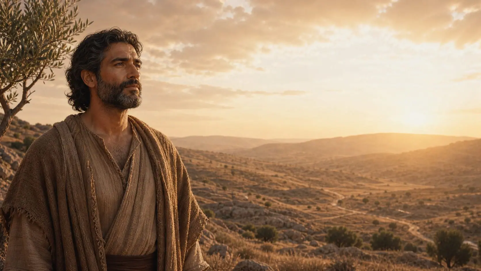 Illustrated portrait of Seth overlooking an early landscape at sunrise