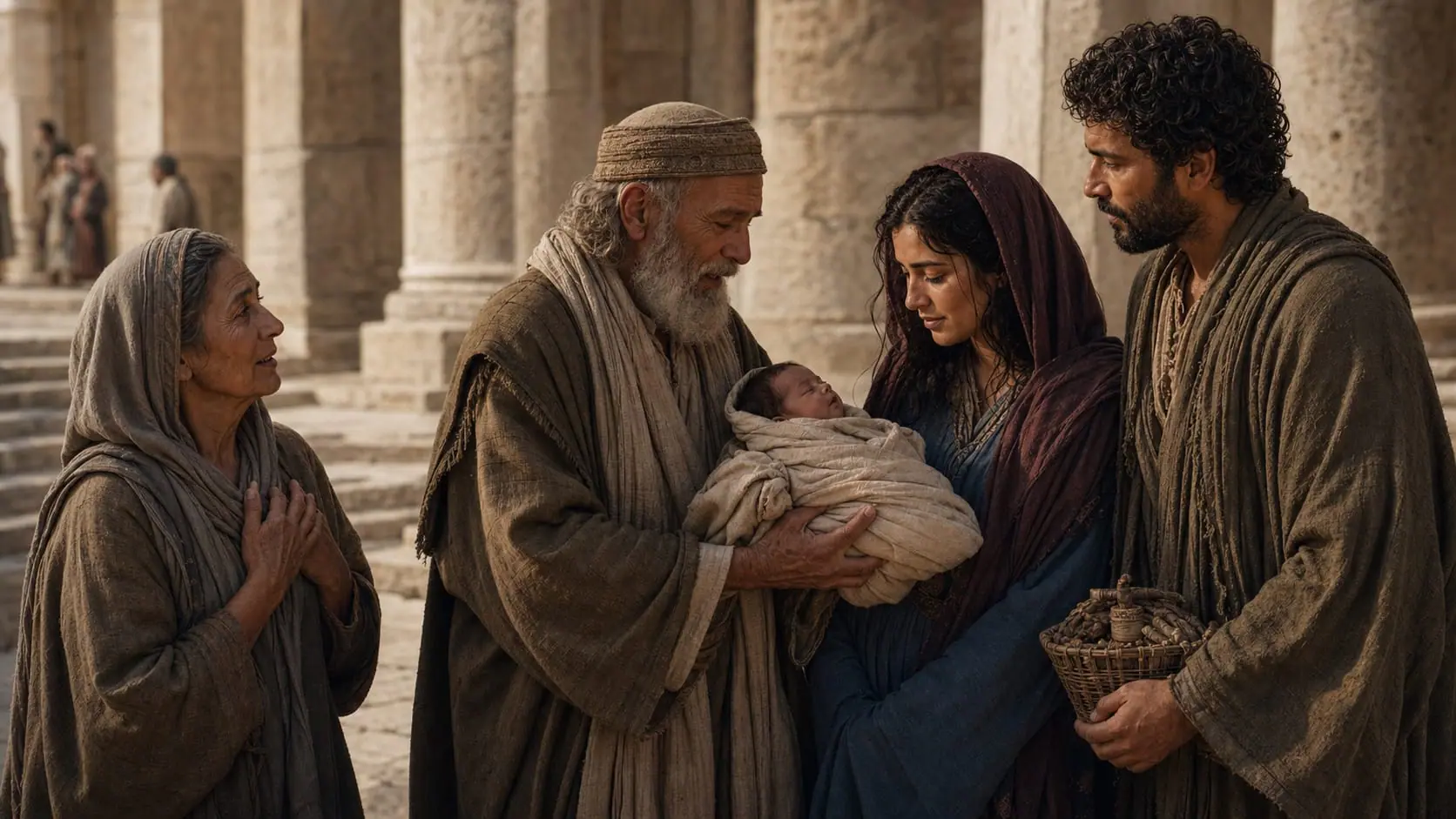 Simeon holds the infant Jesus at the Jerusalem temple while Anna, Mary, and Joseph look on
