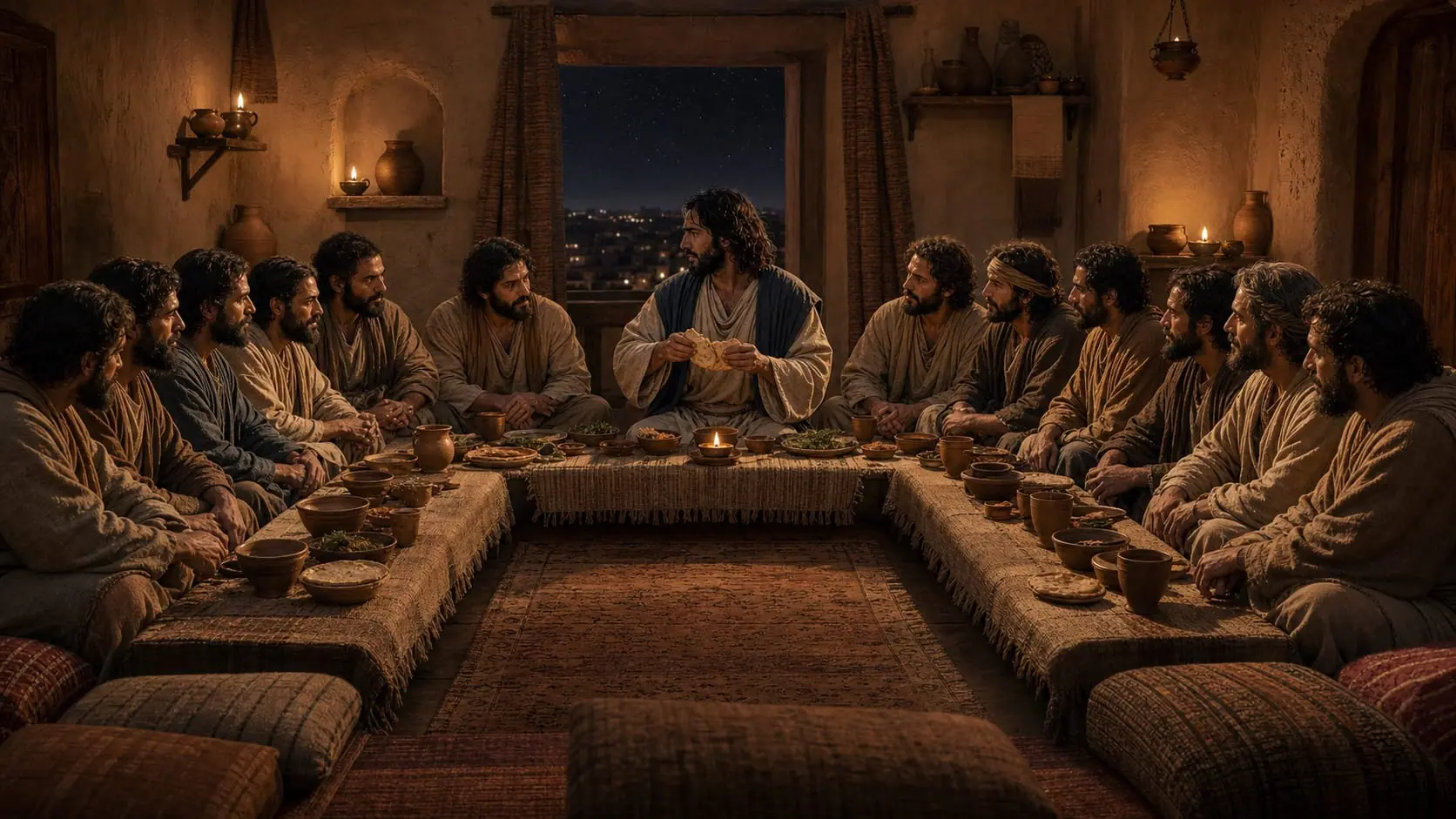 Jesus breaks unleavened bread as the disciples gather for the Last Supper in a lamp-lit Jerusalem upper room
