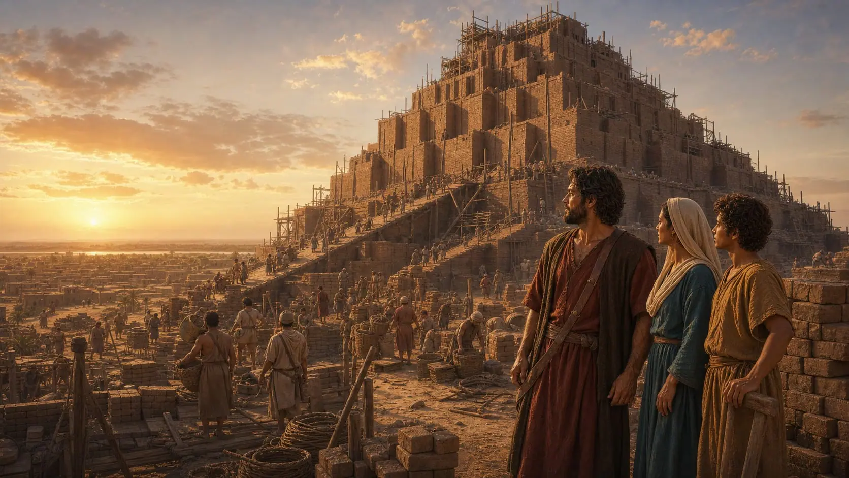 Tower of Babel Bible story scene with builders on the plain of Shinar