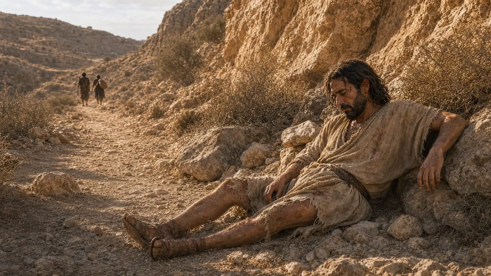 An injured traveler lies beside the Jerusalem-to-Jericho road after robbers flee into the distance