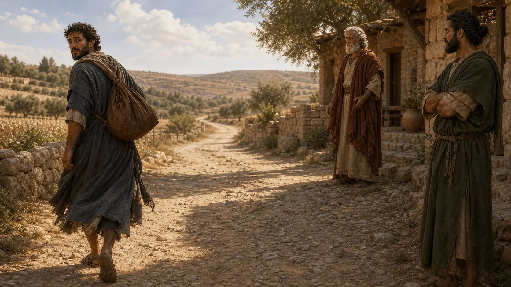 The younger son leaves his father and older brother behind as he travels toward a far country