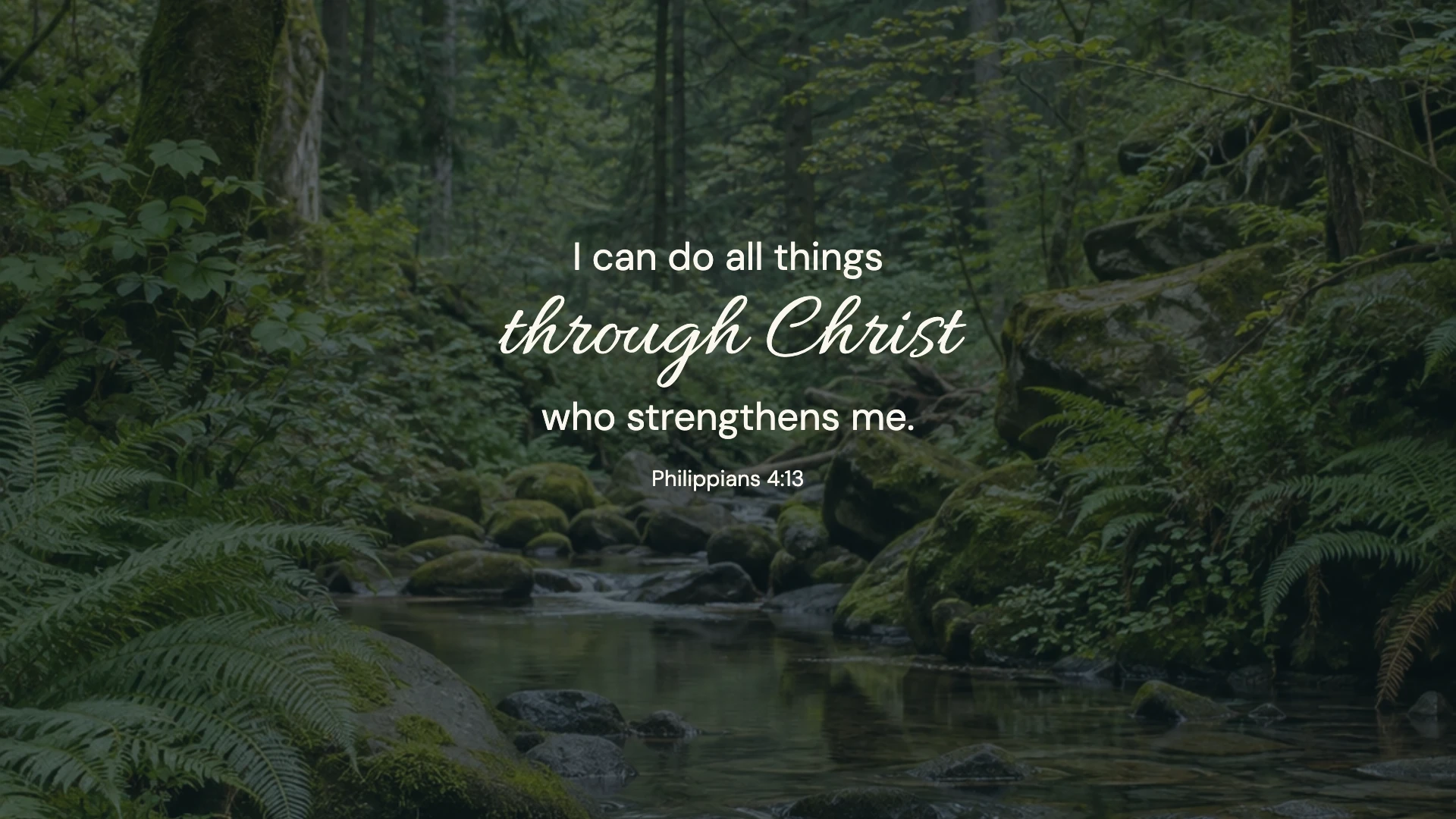 Philippians 4:13 · Forest stillness — Nature desktop wallpaper. Philippians 4:13: I can do all things through Christ who strengthens me.