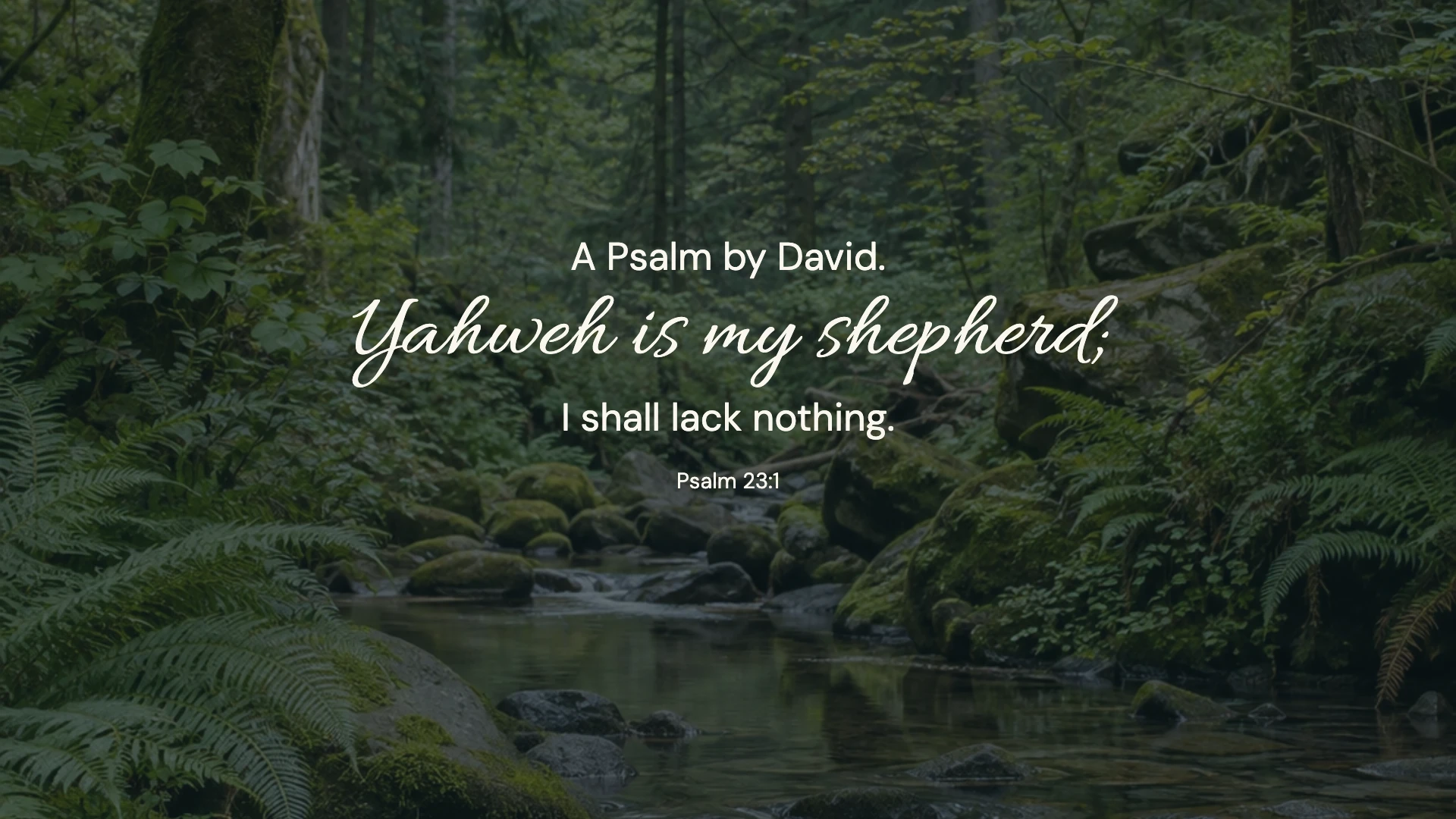 Psalm 23:1 · Forest stillness — Nature desktop wallpaper. Psalm 23:1: A Psalm by David. Yahweh is my shepherd; I shall lack nothing.
