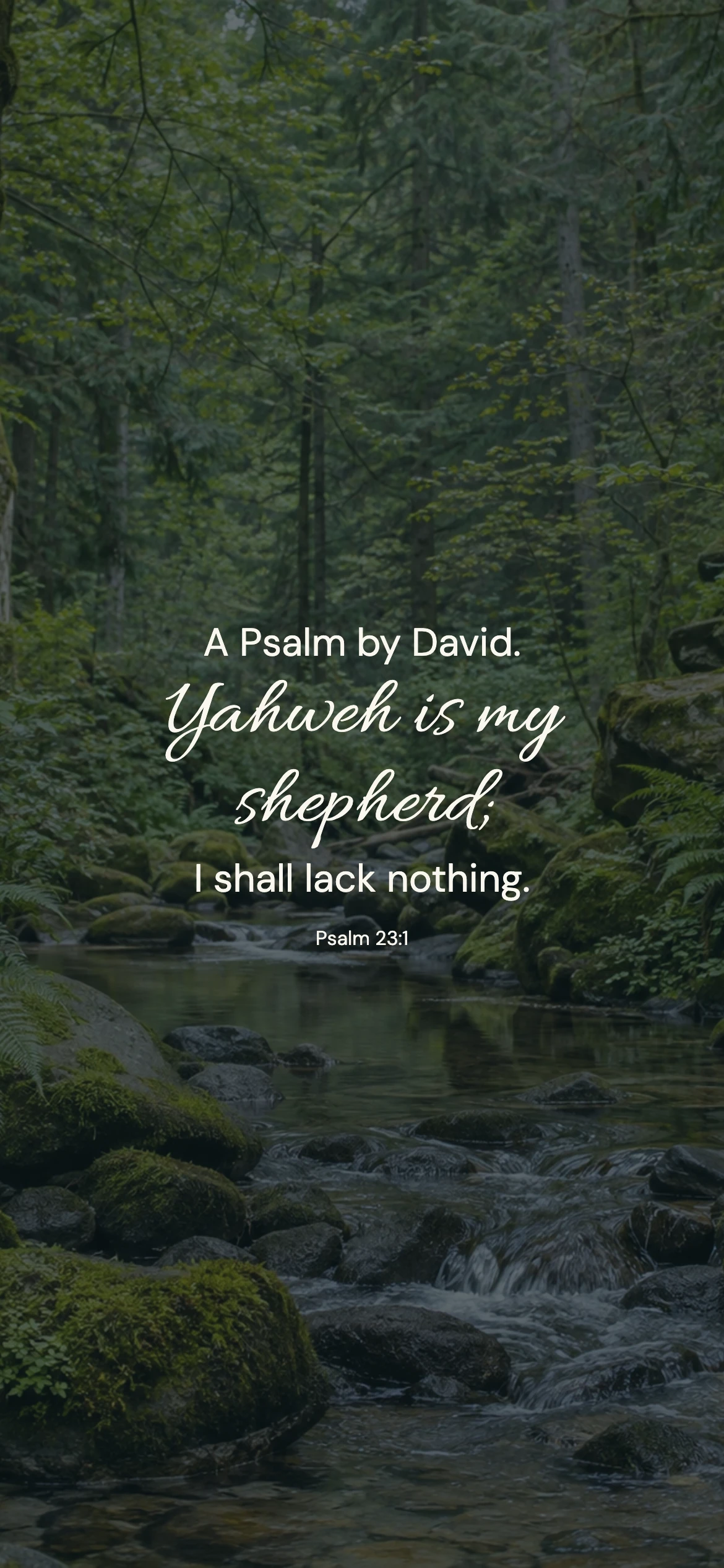 Psalm 23:1 · Forest stillness — Nature phone wallpaper. Psalm 23:1: A Psalm by David. Yahweh is my shepherd; I shall lack nothing.