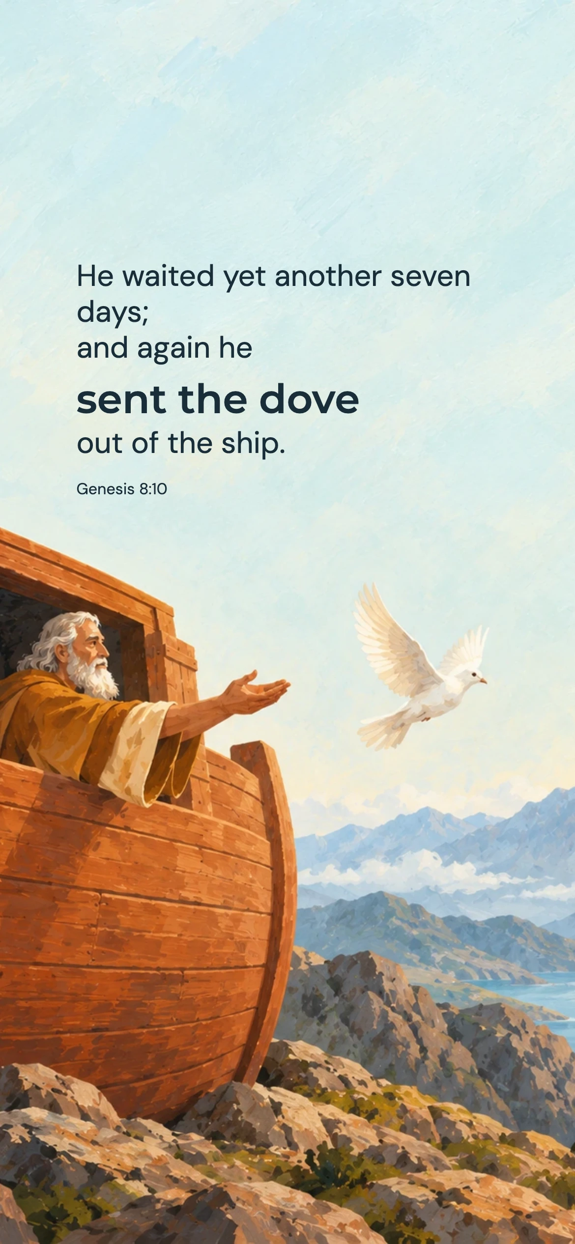Noah sends the dove — Biblical stories phone wallpaper. Genesis 8:10: He waited yet another seven days; and again he sent the dove out of the ship.