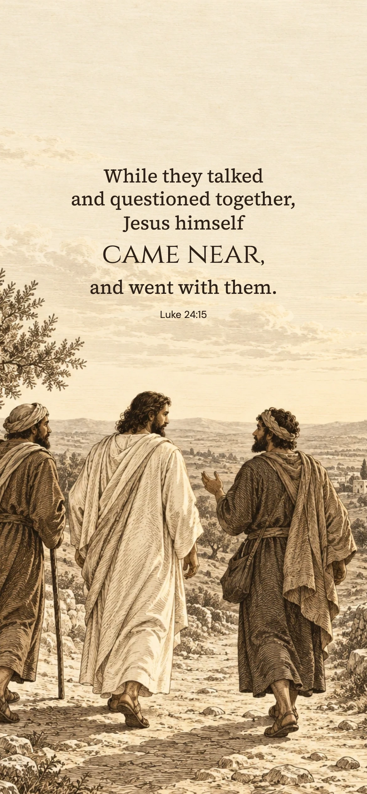 Jesus joins the Emmaus walkers — Biblical stories phone wallpaper. Luke 24:15: While they talked and questioned together, Jesus himself came near, and went with them.
