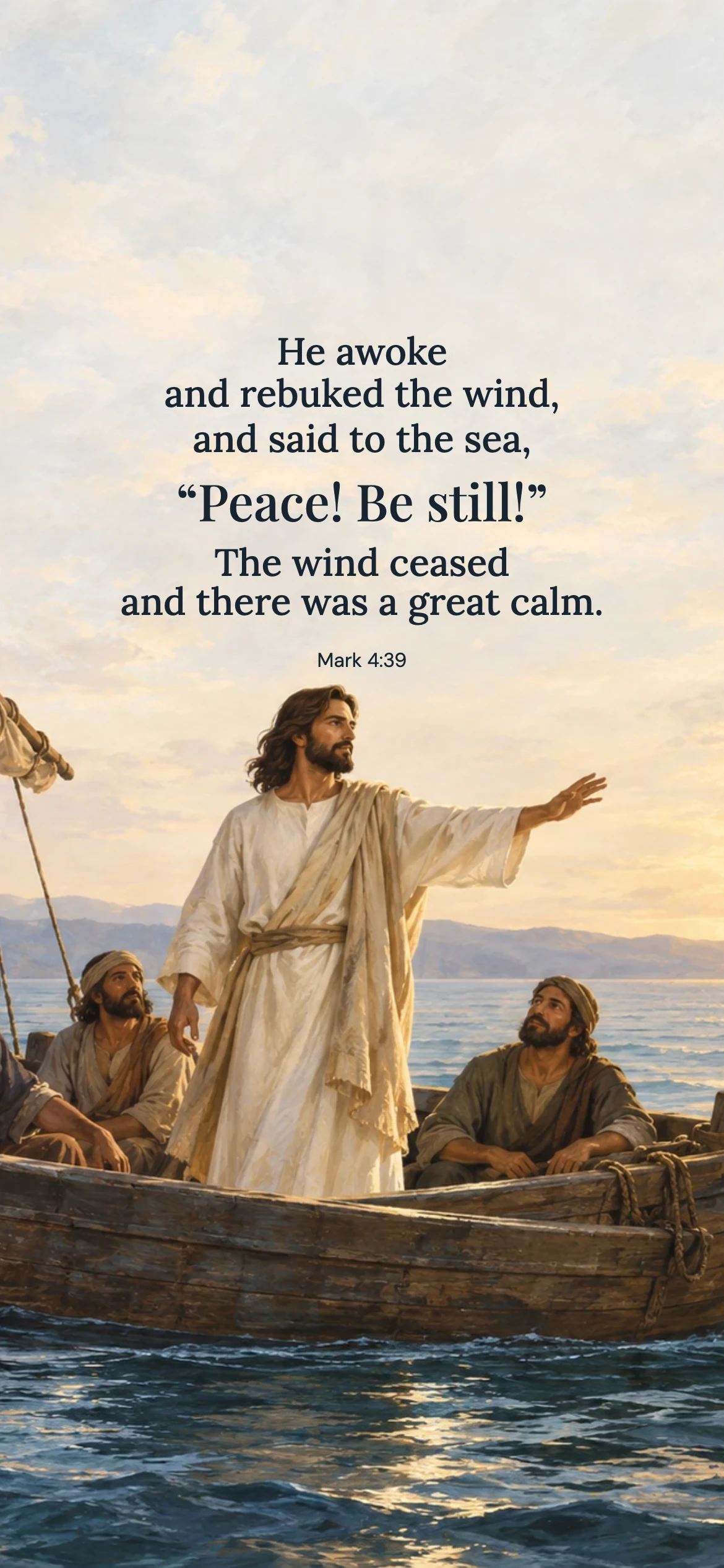 Jesus calms the sea — Biblical stories phone wallpaper. Mark 4:39: He awoke and rebuked the wind, and said to the sea, “Peace! Be still!” The wind ceased and there was a great calm.
