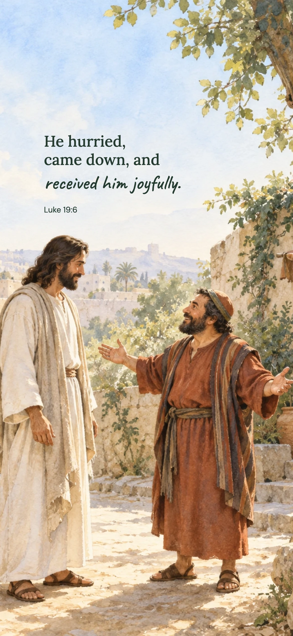 Zacchaeus welcomes Jesus — Biblical stories phone wallpaper. Luke 19:6: He hurried, came down, and received him joyfully.