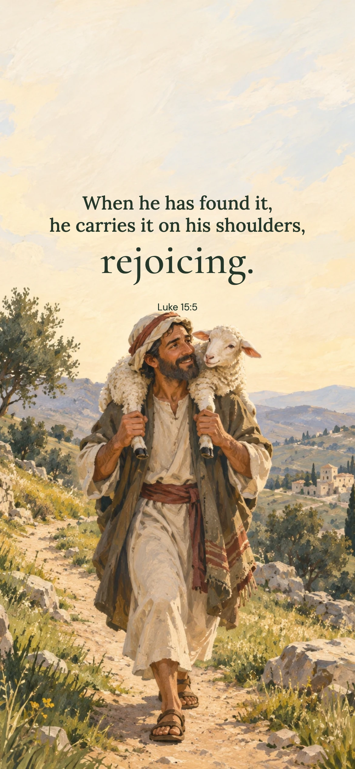 The sheep on his shoulders — Biblical stories phone wallpaper. Luke 15:5: When he has found it, he carries it on his shoulders, rejoicing.