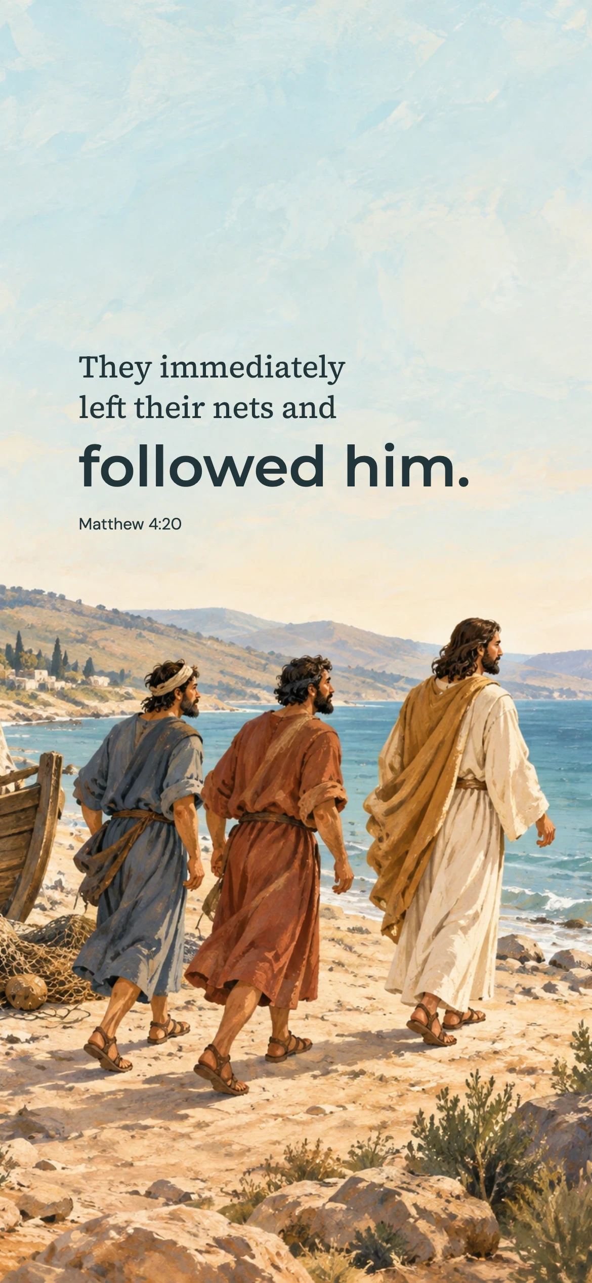 The fishermen follow Jesus — Biblical stories phone wallpaper. Matthew 4:20: They immediately left their nets and followed him.
