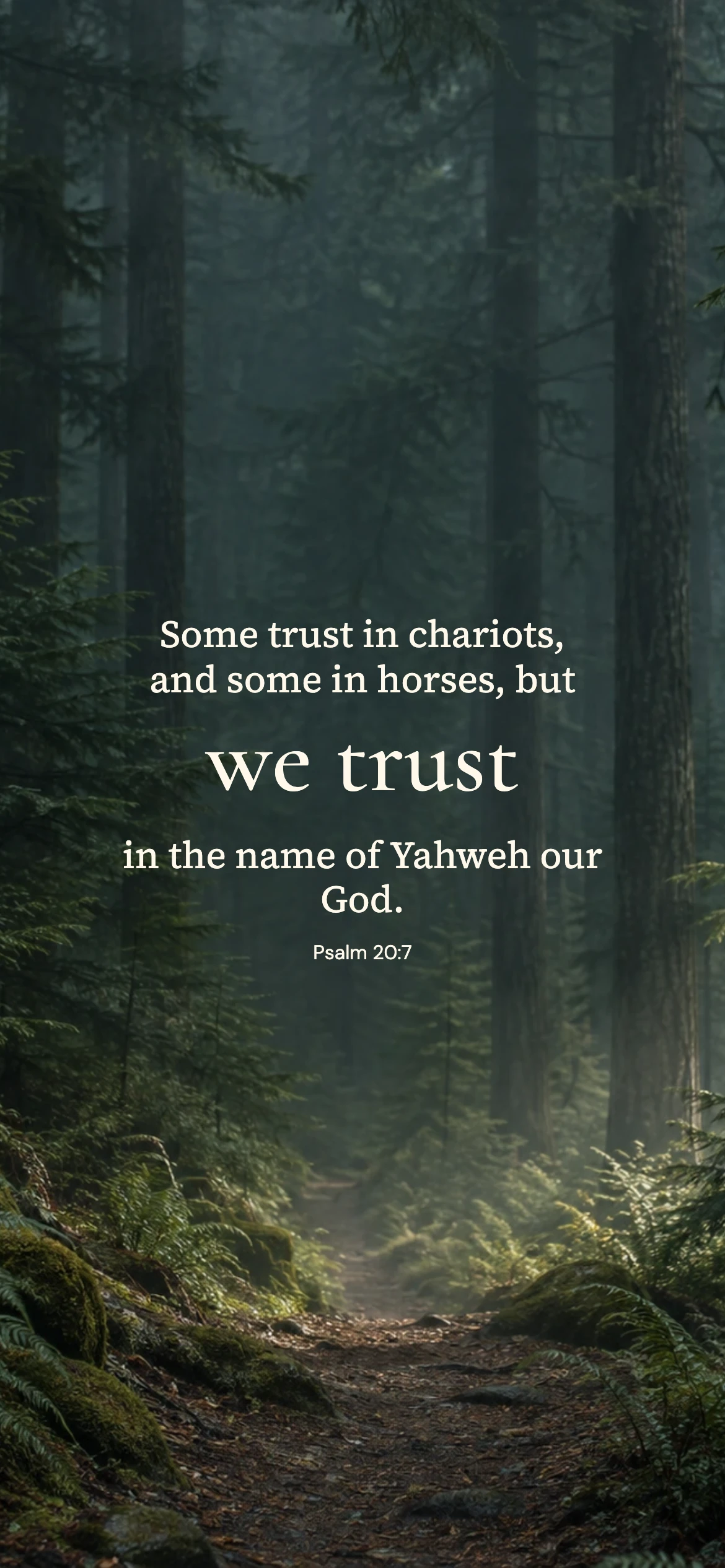 We trust — Nature phone wallpaper. Psalm 20:7: Some trust in chariots, and some in horses, but we trust in the name of Yahweh our God.