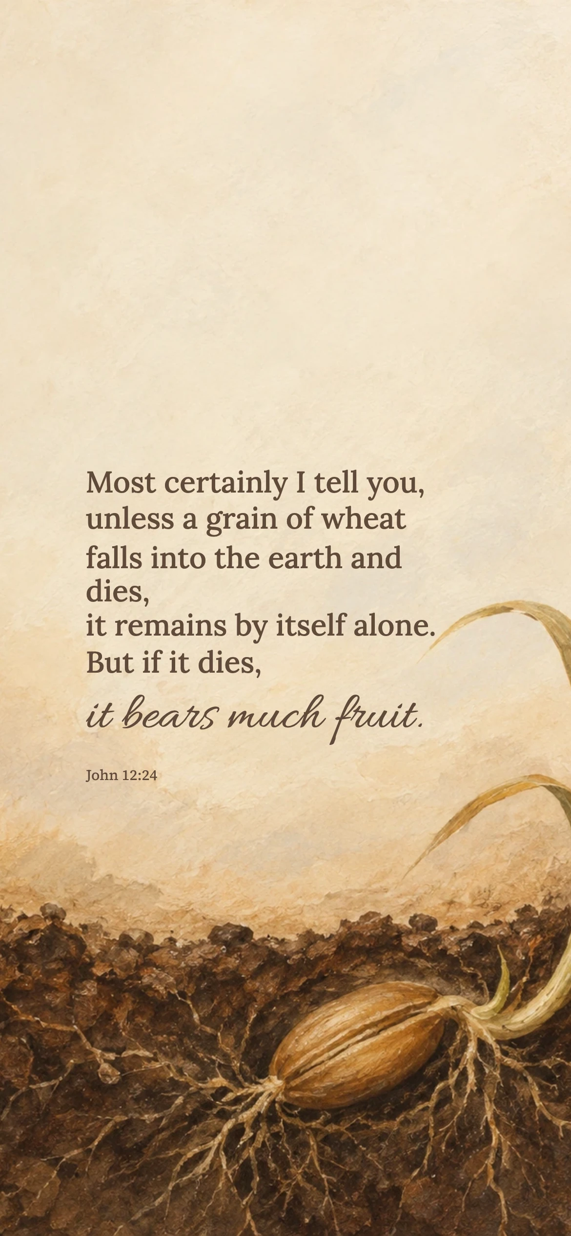 A grain bears fruit — Biblical stories phone wallpaper. John 12:24: Most certainly I tell you, unless a grain of wheat falls into the earth and dies, it remains by itself alone. But if it dies, it bears much fruit.