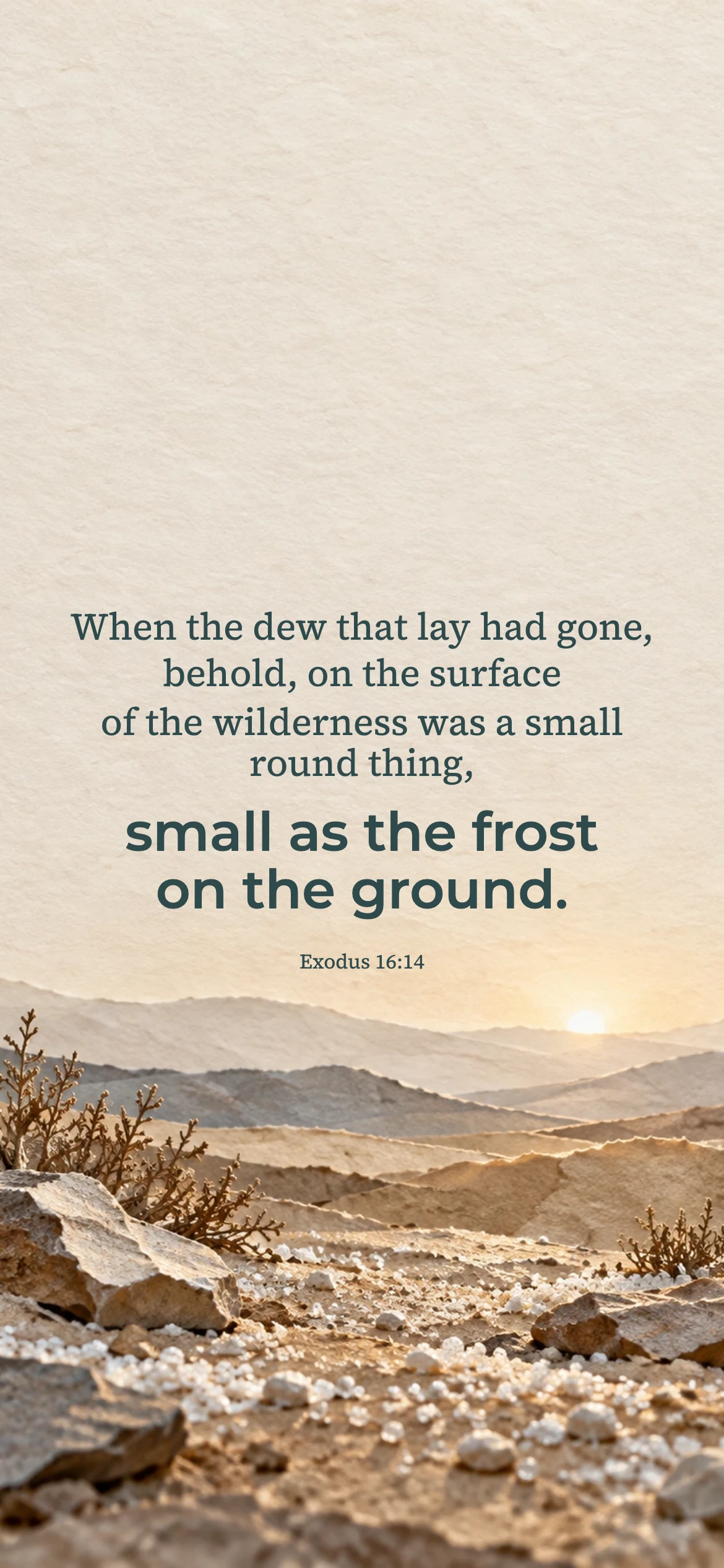 Small as the frost — Biblical stories phone wallpaper. Exodus 16:14: When the dew that lay had gone, behold, on the surface of the wilderness was a small round thing, small as the frost on the ground.