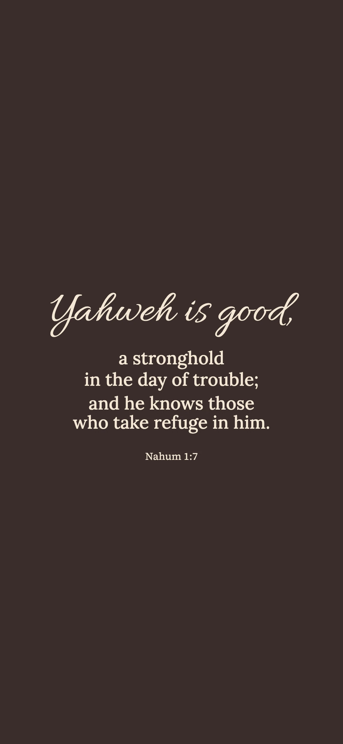 Refuge in the day of trouble — Literary editorial phone wallpaper. Nahum 1:7: Yahweh is good, a stronghold in the day of trouble; and he knows those who take refuge in him.